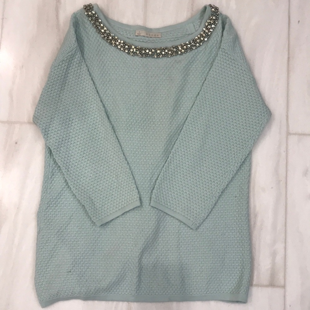 Mint green sweater with jeweled collar